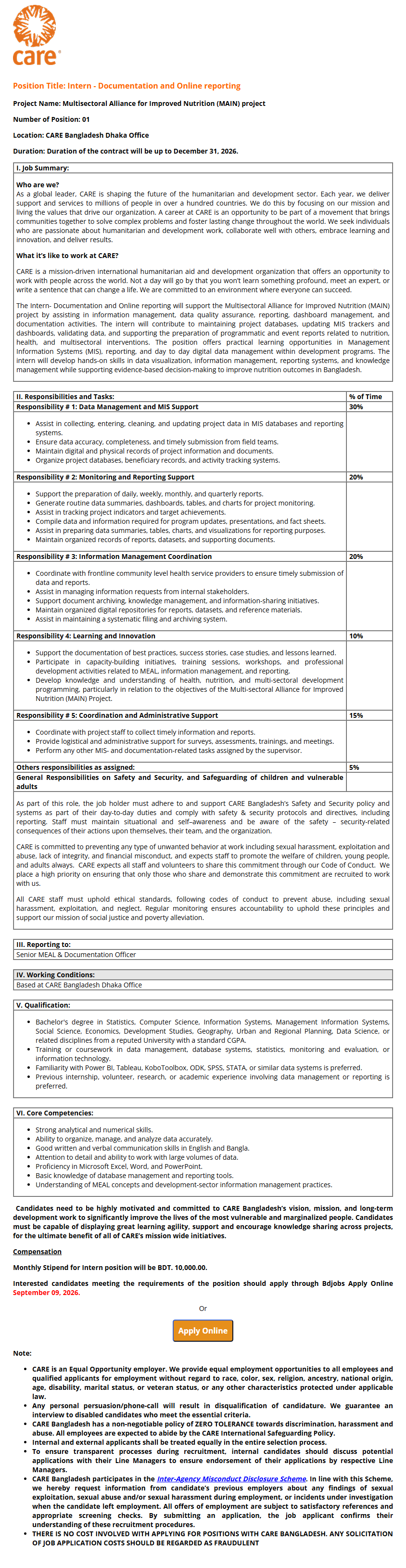 Documentation and Online reporting - Intern