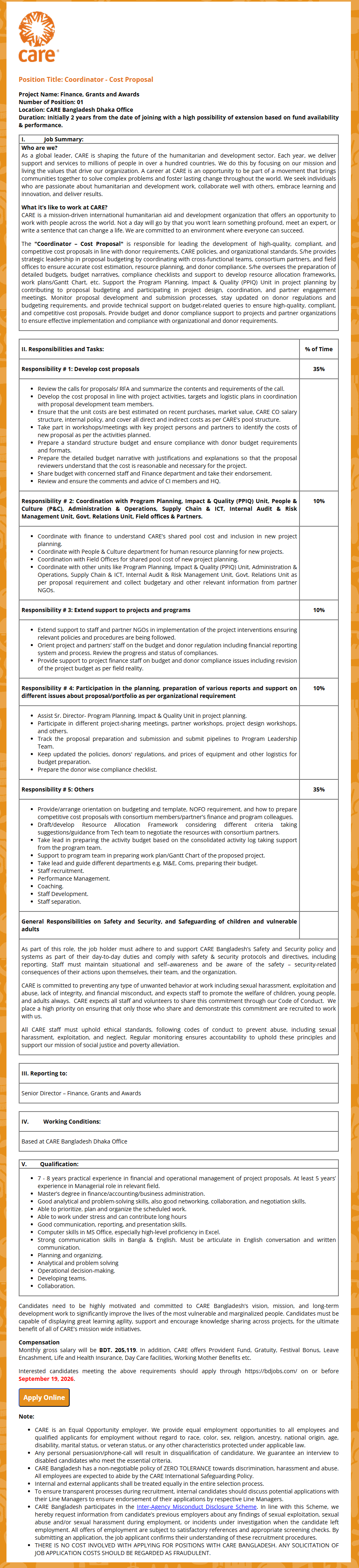 Coordinator - Cost Proposal