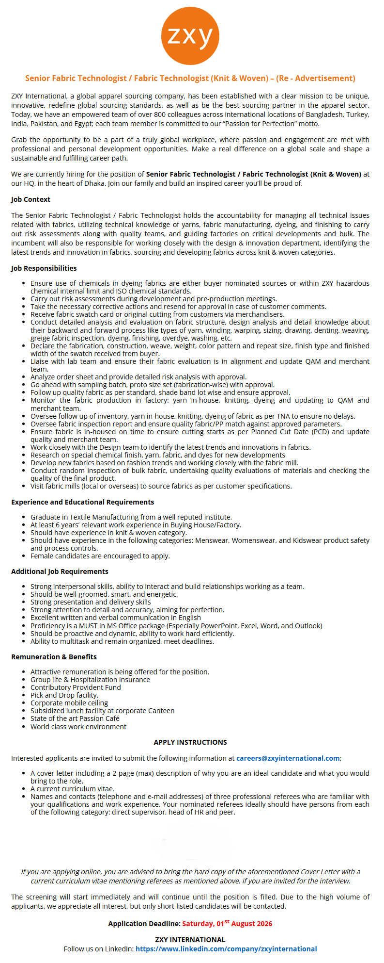 Senior Fabric Technologist / Fabric Technologist (Knit & Woven)