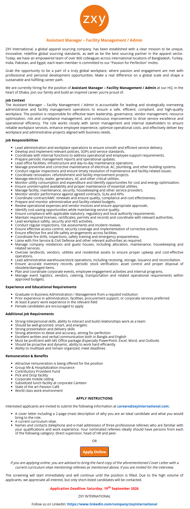 Assistant Manager – Facility Management / Admin
