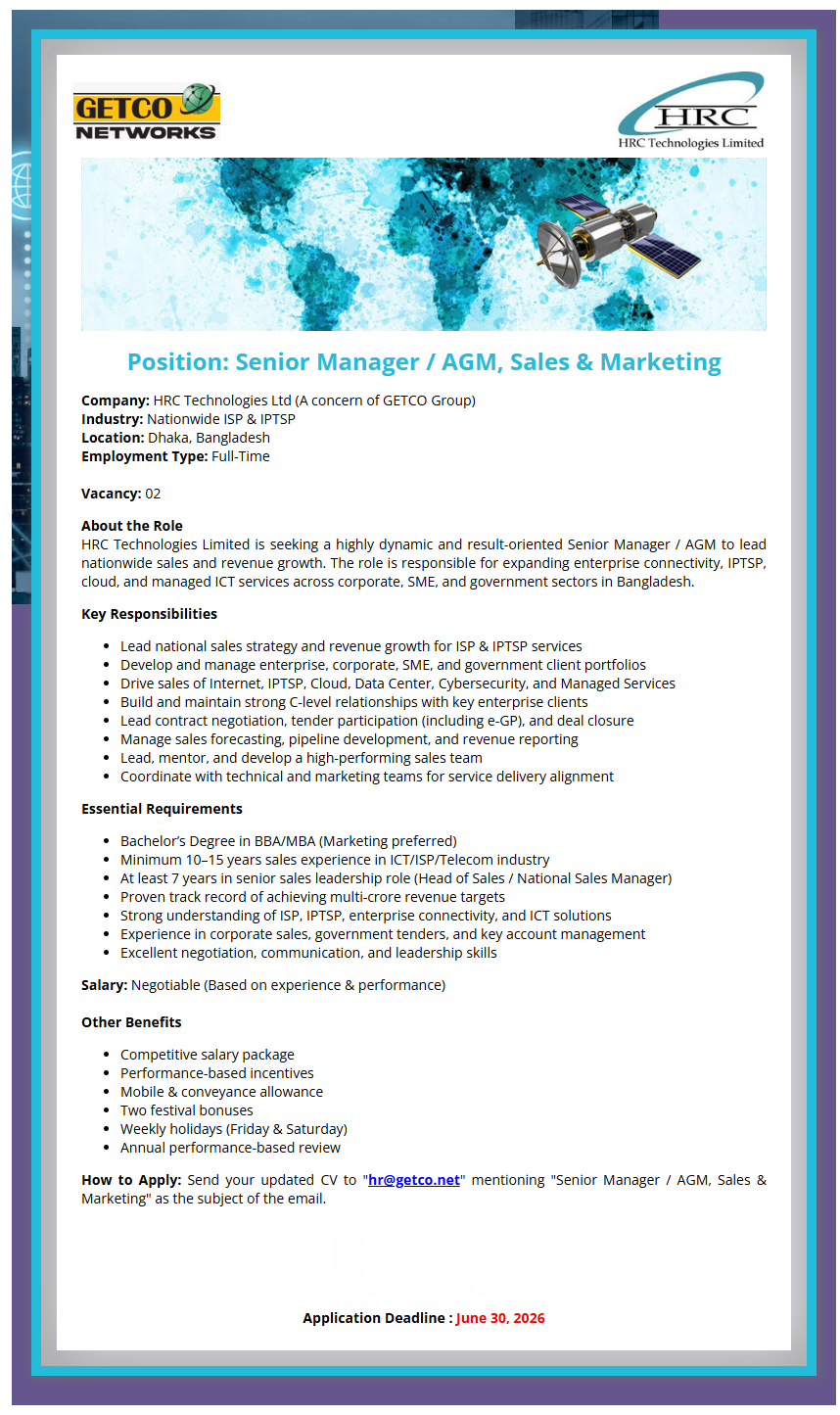 Senior Manager / AGM, Sales & Marketing